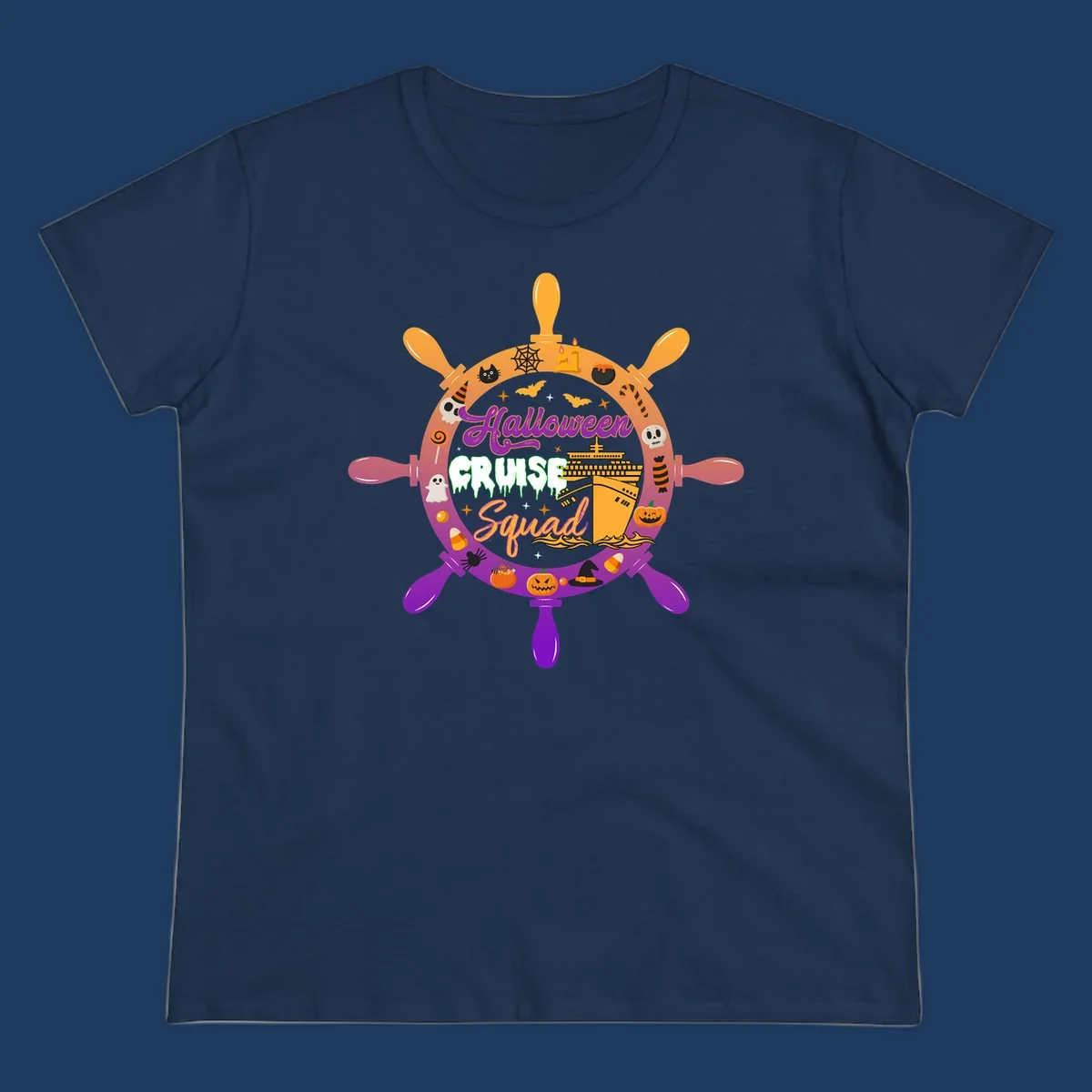Halloween cruise squad ship wheel design with jack-o-lanterns, ghosts, witches hats, and cruise ship illustration in orange and purple