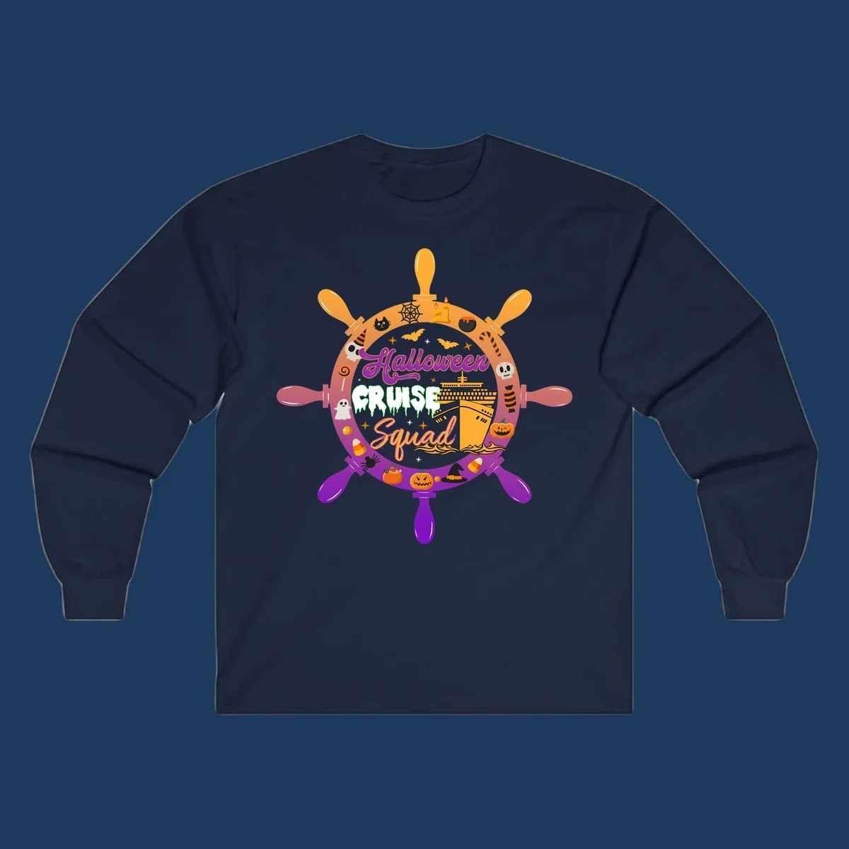 Halloween cruise squad ship wheel design with jack-o-lanterns, ghosts, witches hats, and cruise ship illustration in orange and purple