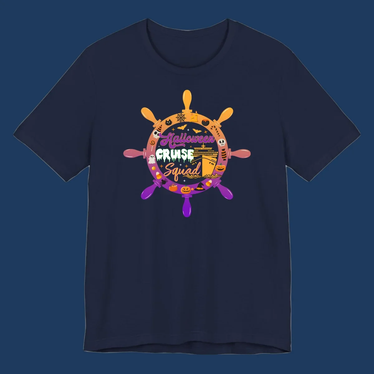 Halloween cruise squad ship wheel design with jack-o-lanterns, ghosts, witches hats, and cruise ship illustration in orange and purple