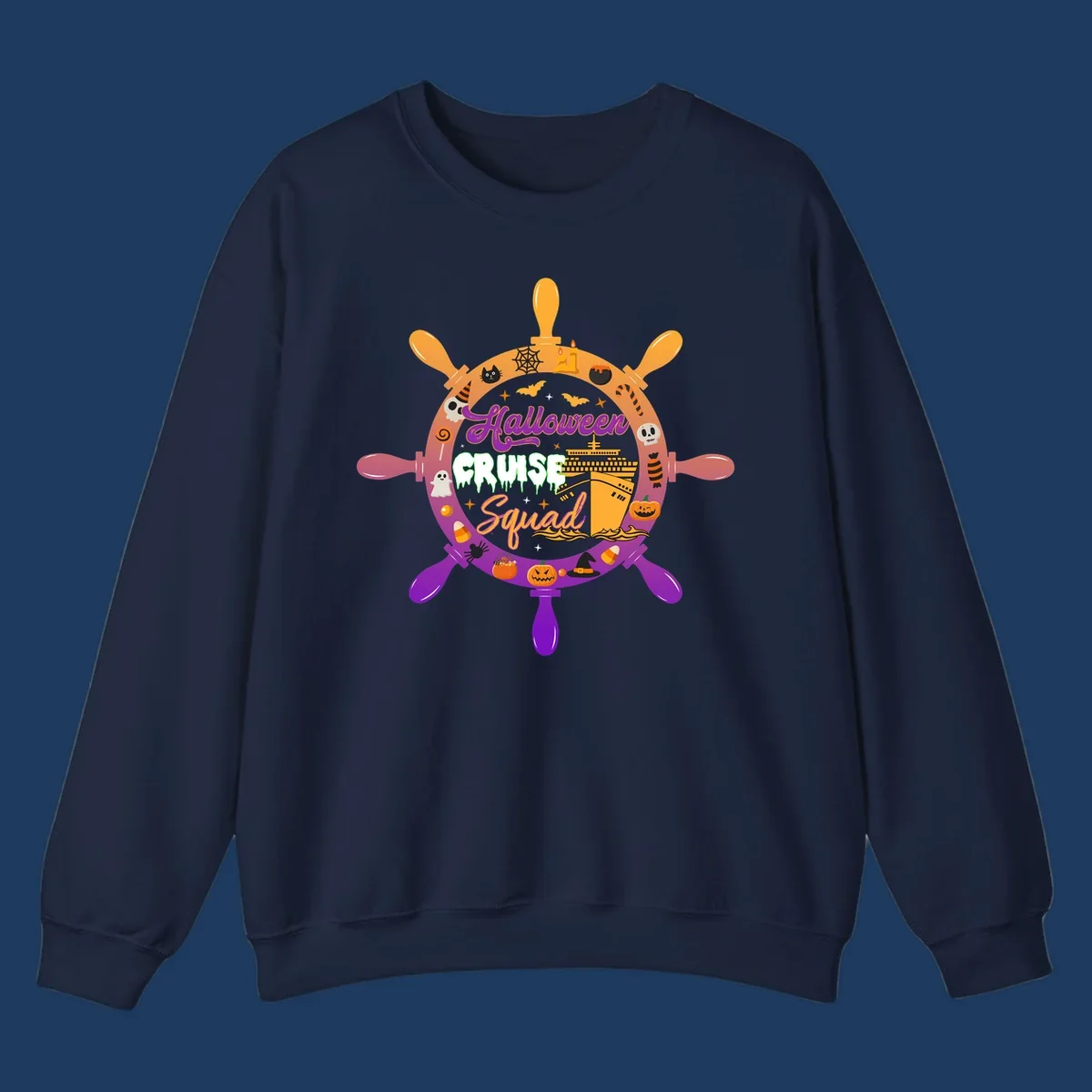Halloween cruise squad ship wheel design with jack-o-lanterns, ghosts, witches hats, and cruise ship illustration in orange and purple