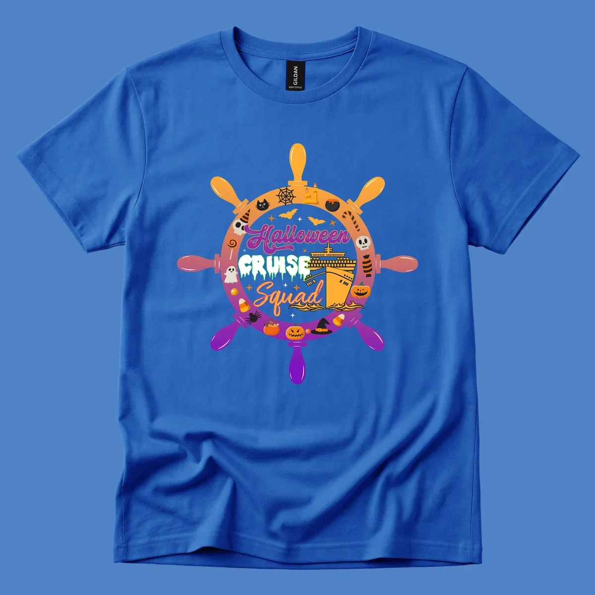 Halloween cruise squad ship wheel design with jack-o-lanterns, ghosts, witches hats, and cruise ship illustration in orange and purple