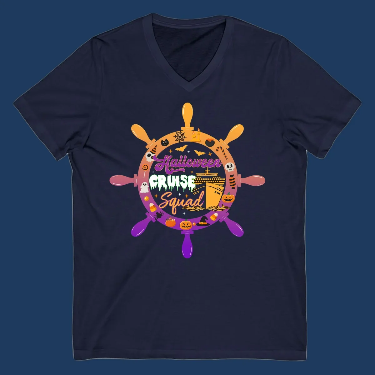 Halloween cruise squad ship wheel design with jack-o-lanterns, ghosts, witches hats, and cruise ship illustration in orange and purple
