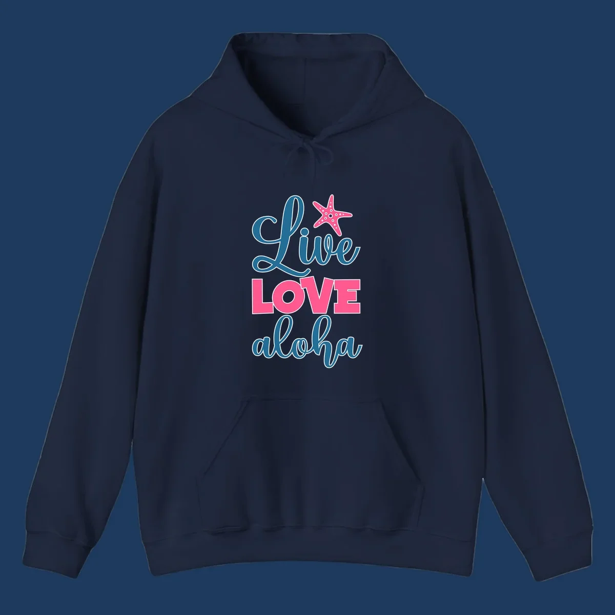 Live Life Aloha design with pink starfish and teal text on gray background, tropical cruise-themed artwork