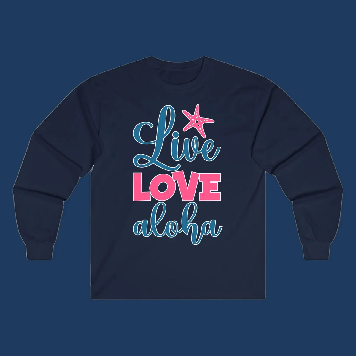 Live Life Aloha design with pink starfish and teal text on gray background, tropical cruise-themed artwork