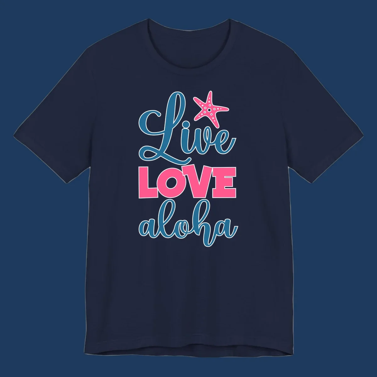Live Life Aloha design with pink starfish and teal text on gray background, tropical cruise-themed artwork