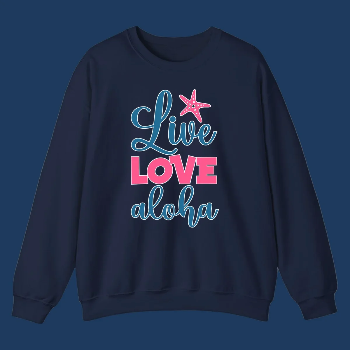 Live Life Aloha design with pink starfish and teal text on gray background, tropical cruise-themed artwork