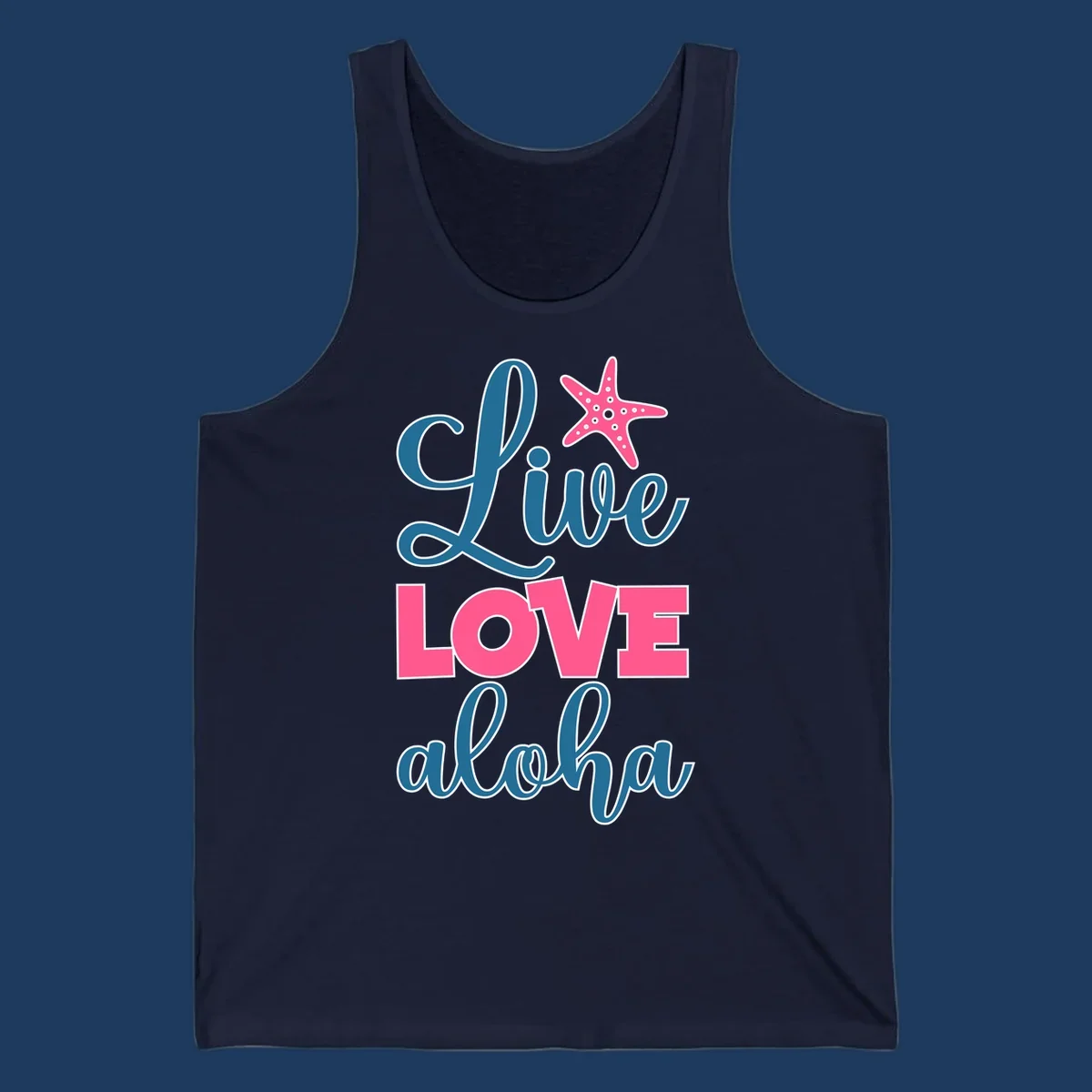 Live Life Aloha design with pink starfish and teal text on gray background, tropical cruise-themed artwork