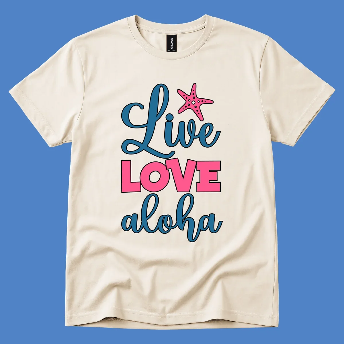 Live Life Aloha design with pink starfish and teal text on gray background, tropical cruise-themed artwork