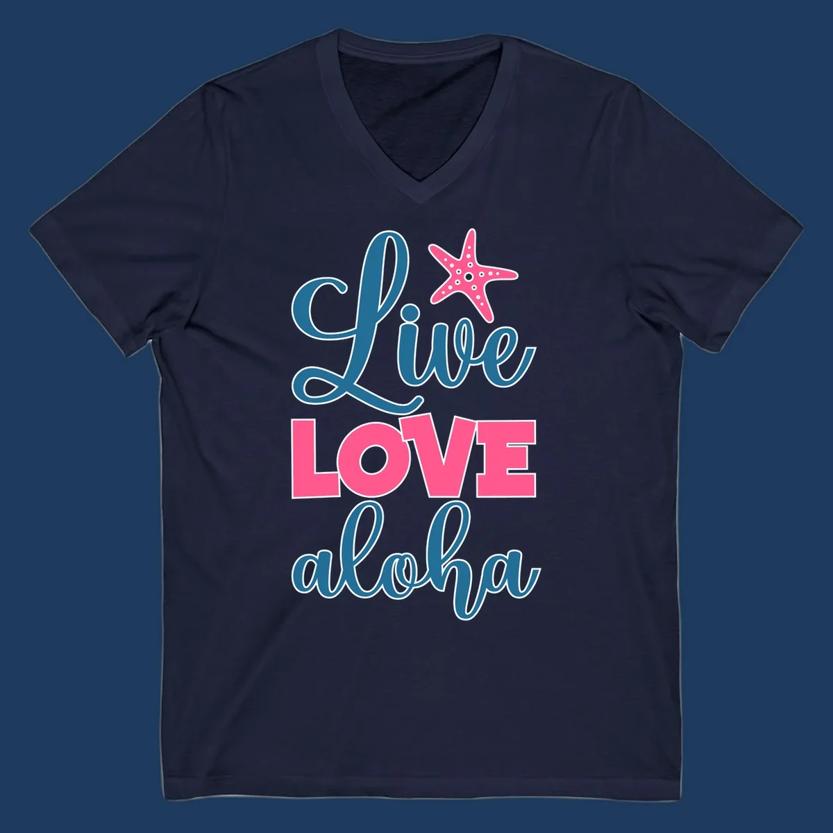 Live Life Aloha design with pink starfish and teal text on gray background, tropical cruise-themed artwork