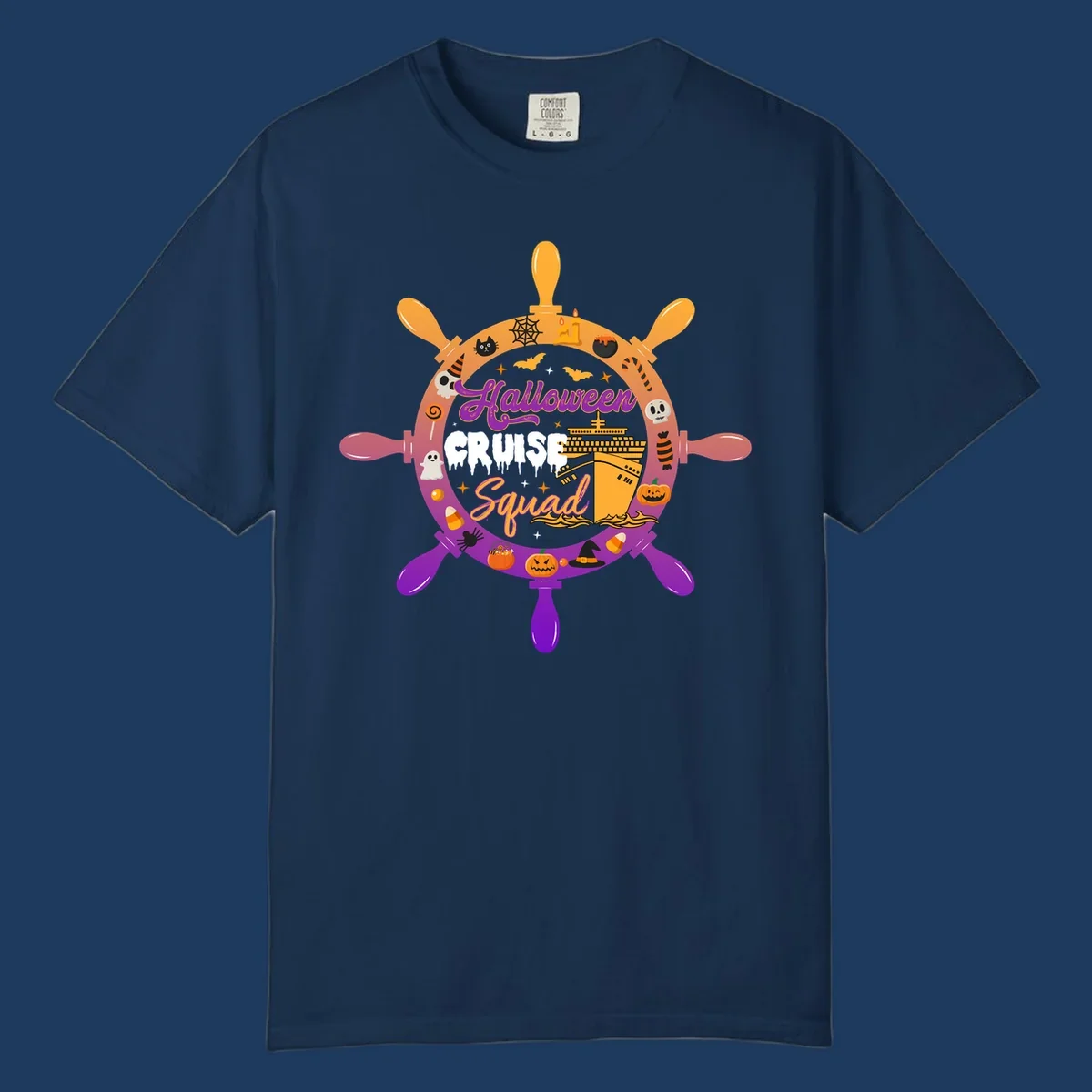 Halloween cruise squad design featuring a ship's wheel with a cruise ship center, surrounded by jack-o-lanterns, ghosts, bats, and spooky Halloween icons