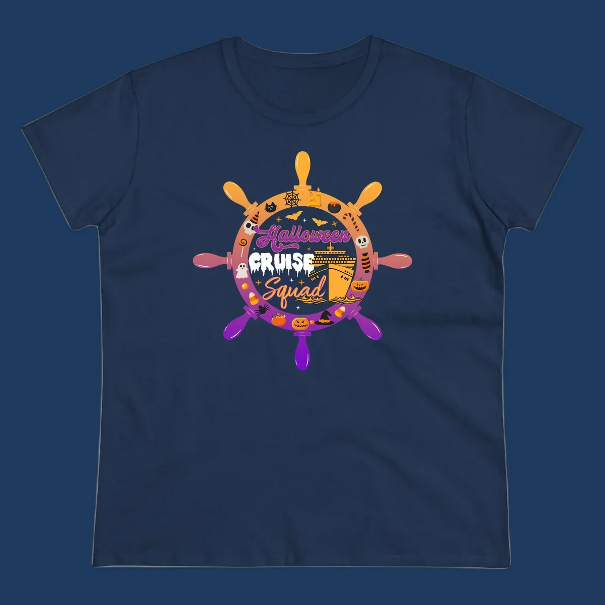 Halloween cruise squad design featuring a ship's wheel with a cruise ship center, surrounded by jack-o-lanterns, ghosts, bats, and spooky Halloween icons