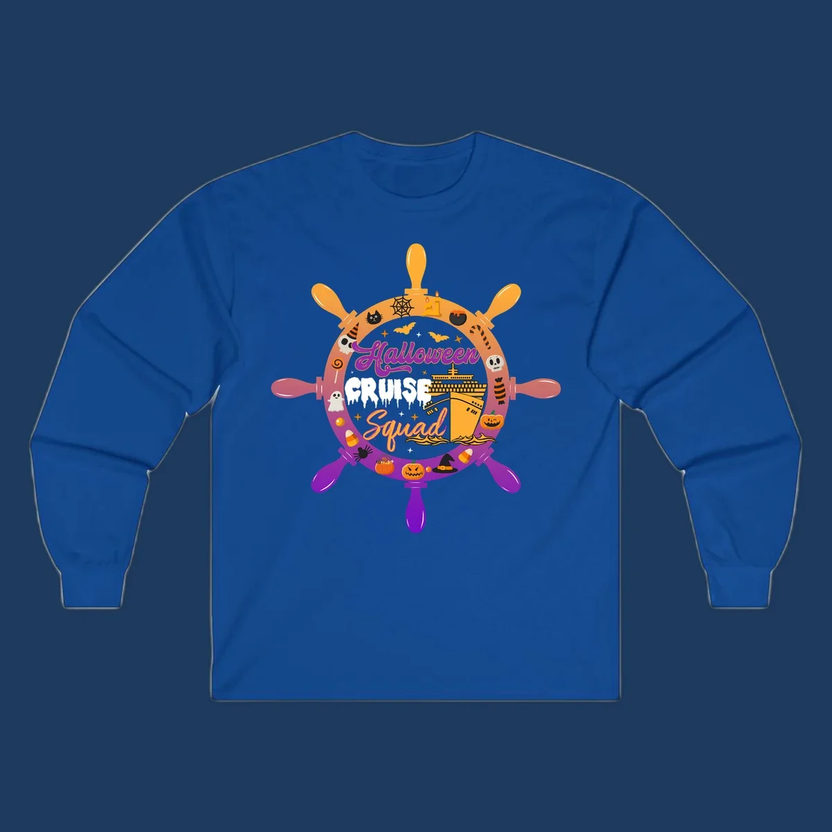 Halloween cruise squad design featuring a ship's wheel with a cruise ship center, surrounded by jack-o-lanterns, ghosts, bats, and spooky Halloween icons