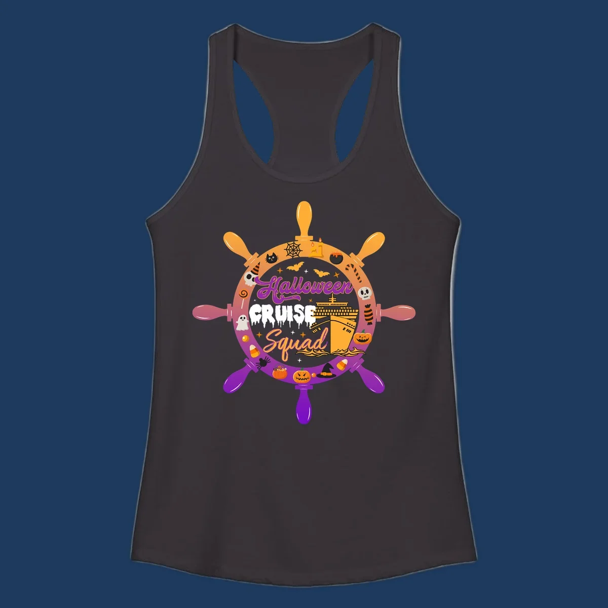 Halloween cruise squad design featuring a ship's wheel with a cruise ship center, surrounded by jack-o-lanterns, ghosts, bats, and spooky Halloween icons