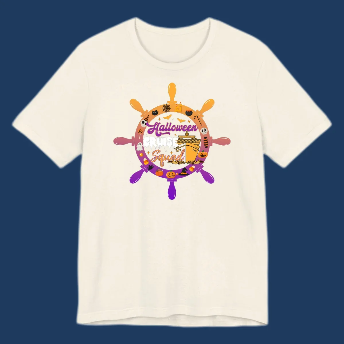Halloween cruise squad design featuring a ship's wheel with a cruise ship center, surrounded by jack-o-lanterns, ghosts, bats, and spooky Halloween icons