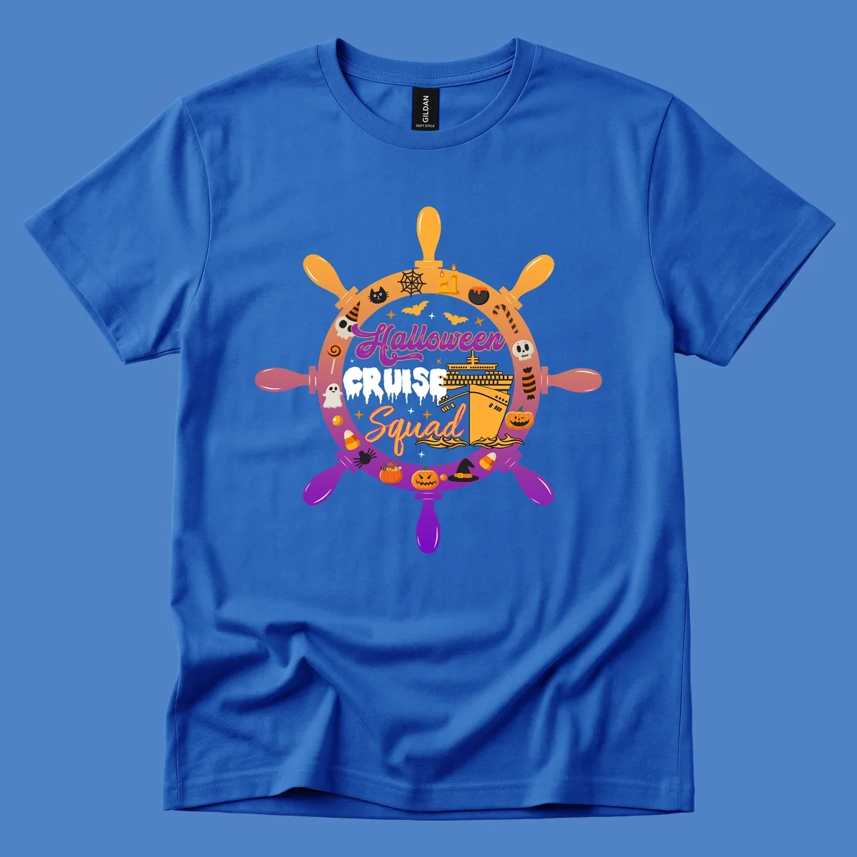 Halloween cruise squad design featuring a ship's wheel with a cruise ship center, surrounded by jack-o-lanterns, ghosts, bats, and spooky Halloween icons