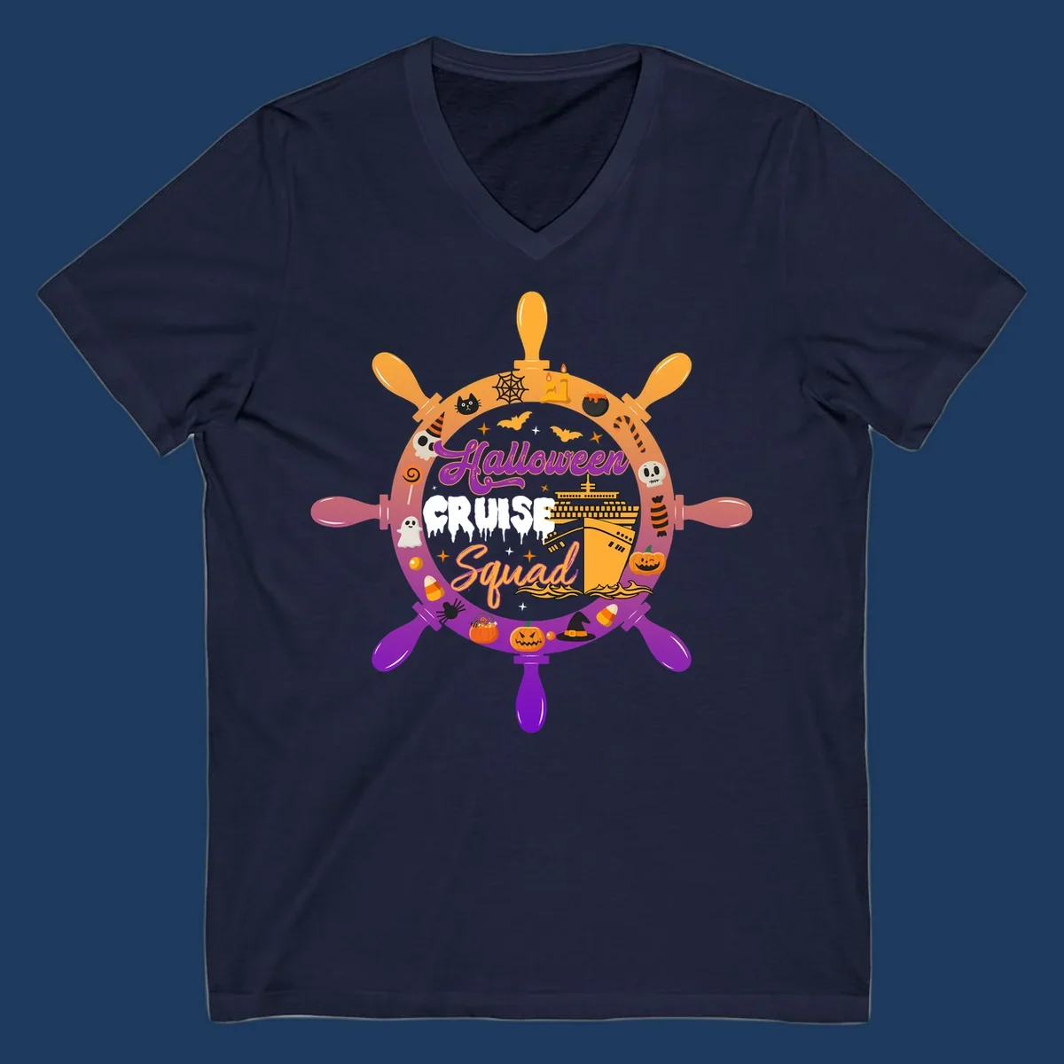 Halloween cruise squad design featuring a ship's wheel with a cruise ship center, surrounded by jack-o-lanterns, ghosts, bats, and spooky Halloween icons