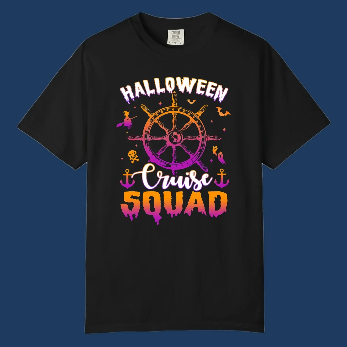 Halloween cruise squad design with ship's wheel, bats, anchors, and witch elements in orange and magenta