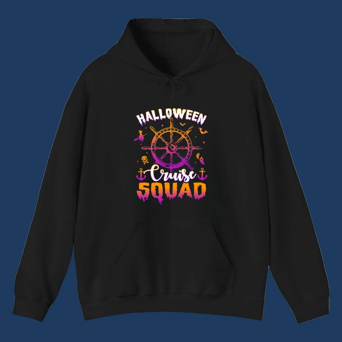 Halloween cruise squad design with ship's wheel, bats, anchors, and witch elements in orange and magenta