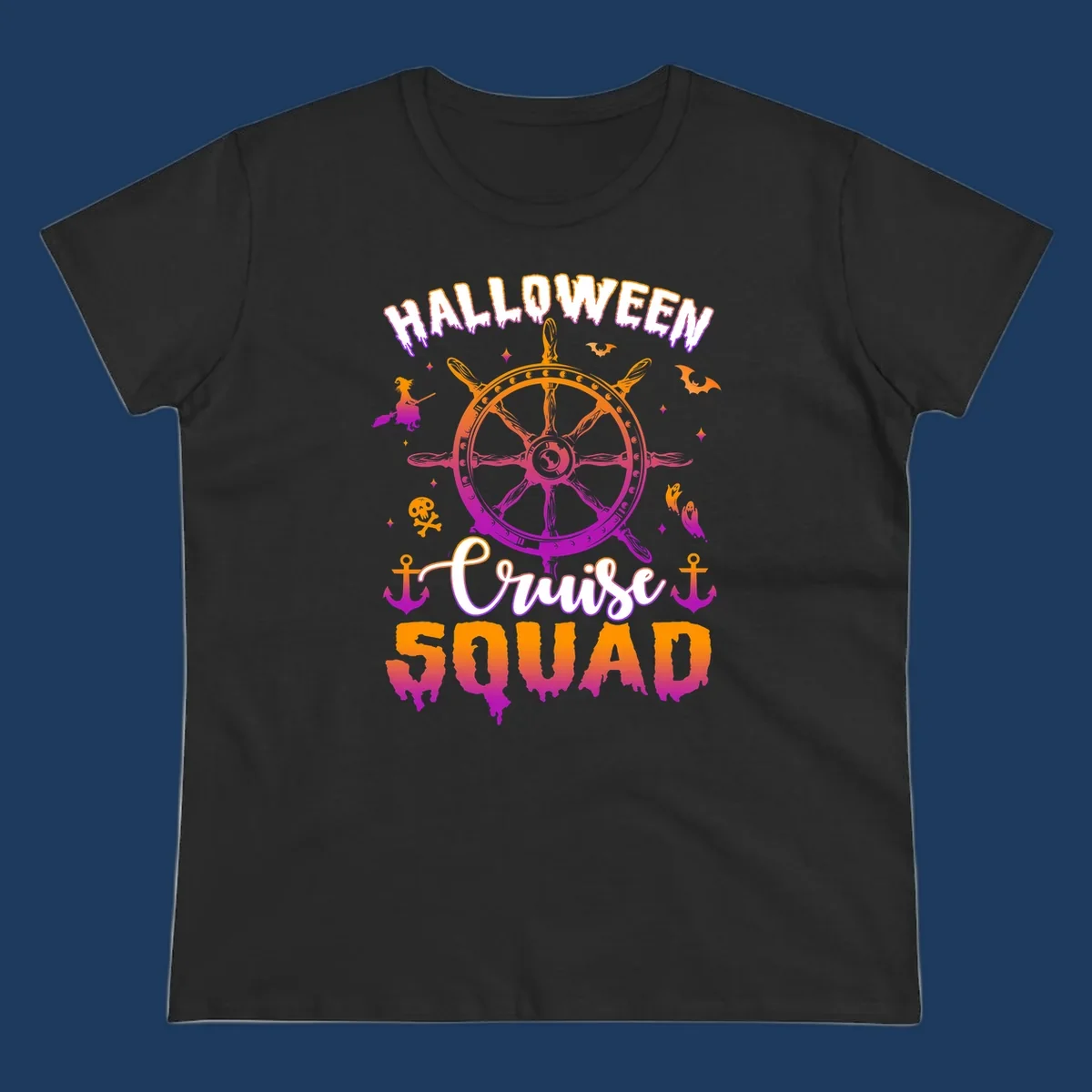 Halloween cruise squad design with ship's wheel, bats, anchors, and witch elements in orange and magenta