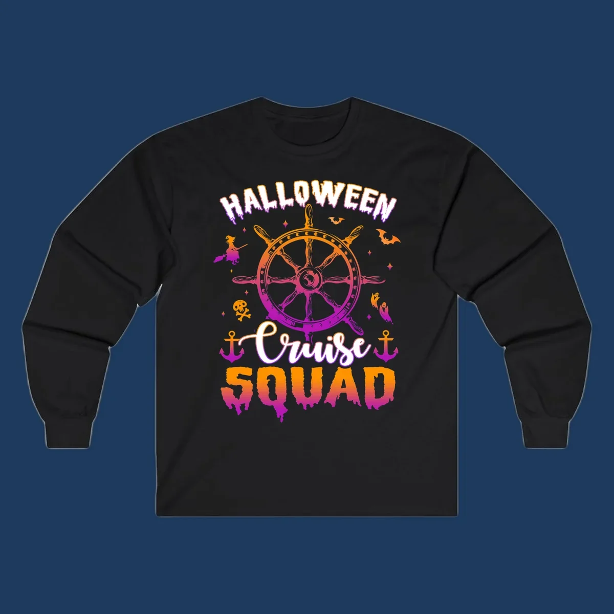 Halloween cruise squad design with ship's wheel, bats, anchors, and witch elements in orange and magenta