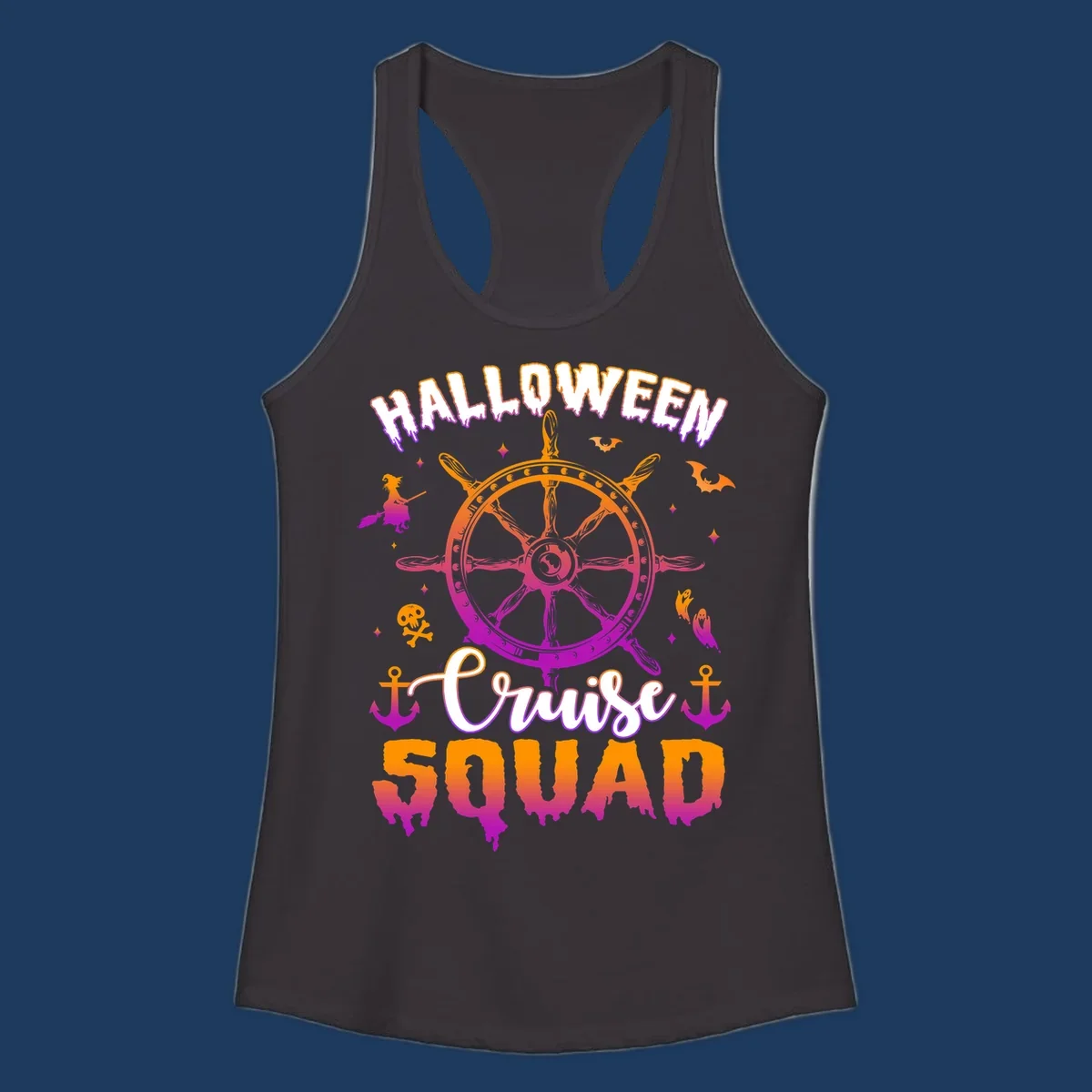 Halloween cruise squad design with ship's wheel, bats, anchors, and witch elements in orange and magenta