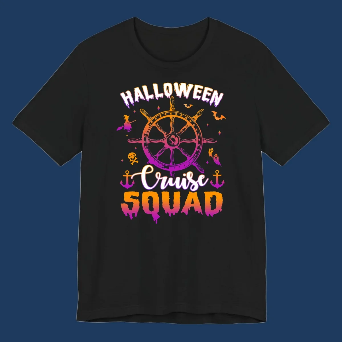 Halloween cruise squad design with ship's wheel, bats, anchors, and witch elements in orange and magenta