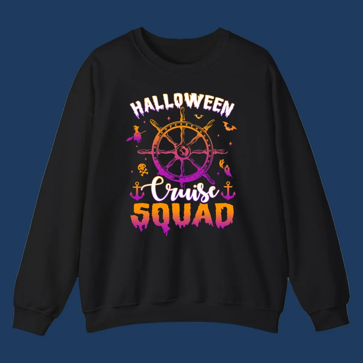 Halloween cruise squad design with ship's wheel, bats, anchors, and witch elements in orange and magenta