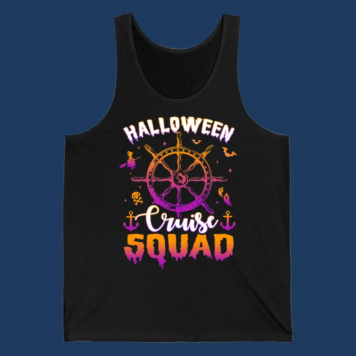 Halloween cruise squad design with ship's wheel, bats, anchors, and witch elements in orange and magenta