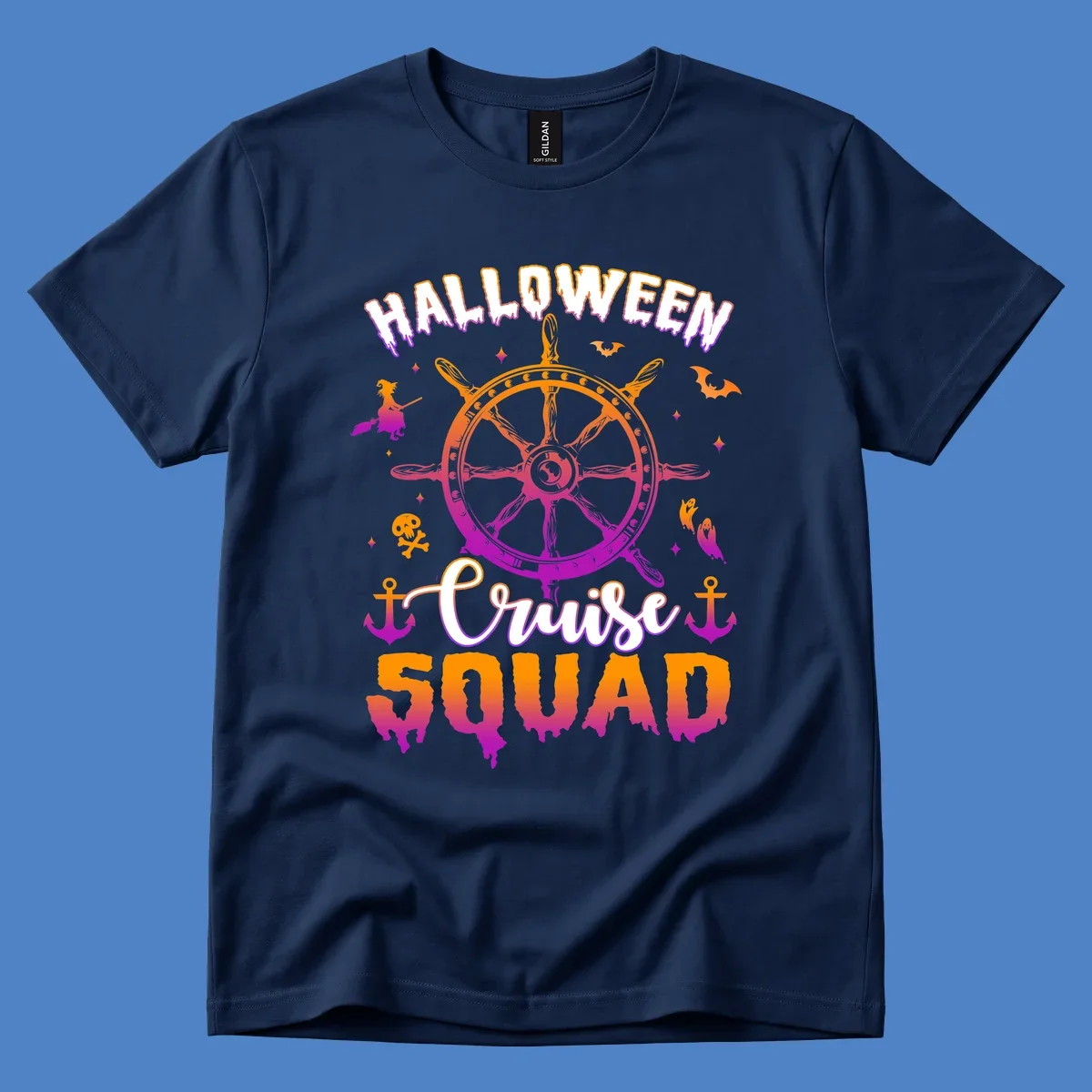 Halloween cruise squad design with ship's wheel, bats, anchors, and witch elements in orange and magenta