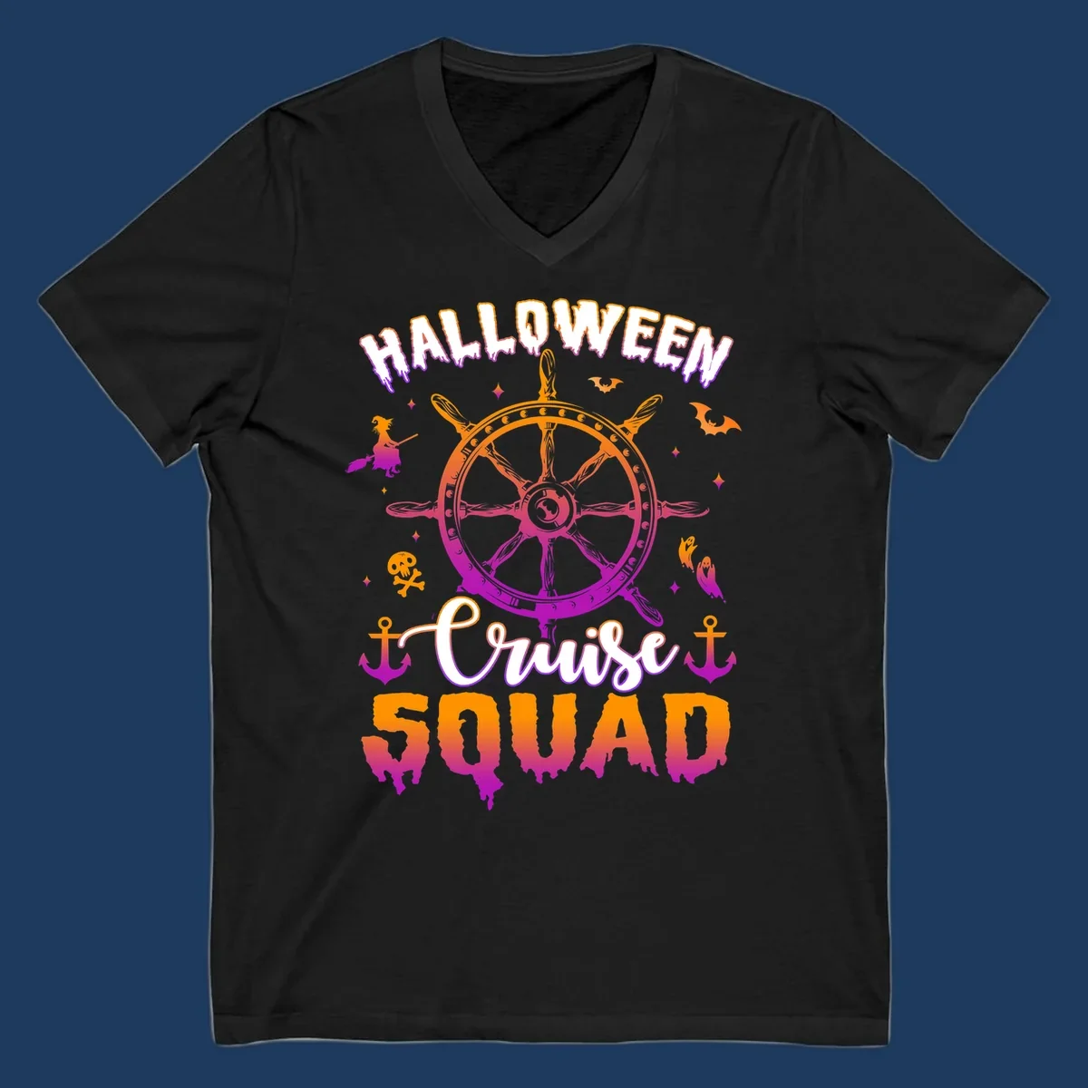 Halloween cruise squad design with ship's wheel, bats, anchors, and witch elements in orange and magenta