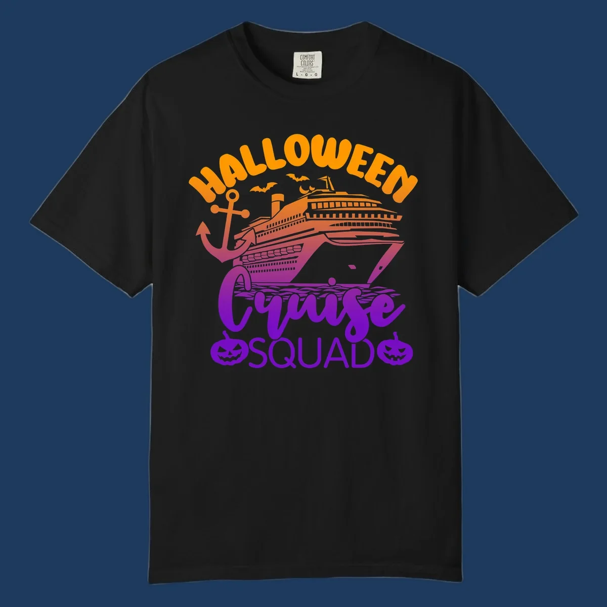 Halloween Cruise Squad design with orange text, cruise ship illustration, anchor, bats, and jack-o-lanterns in gradient purple tones
