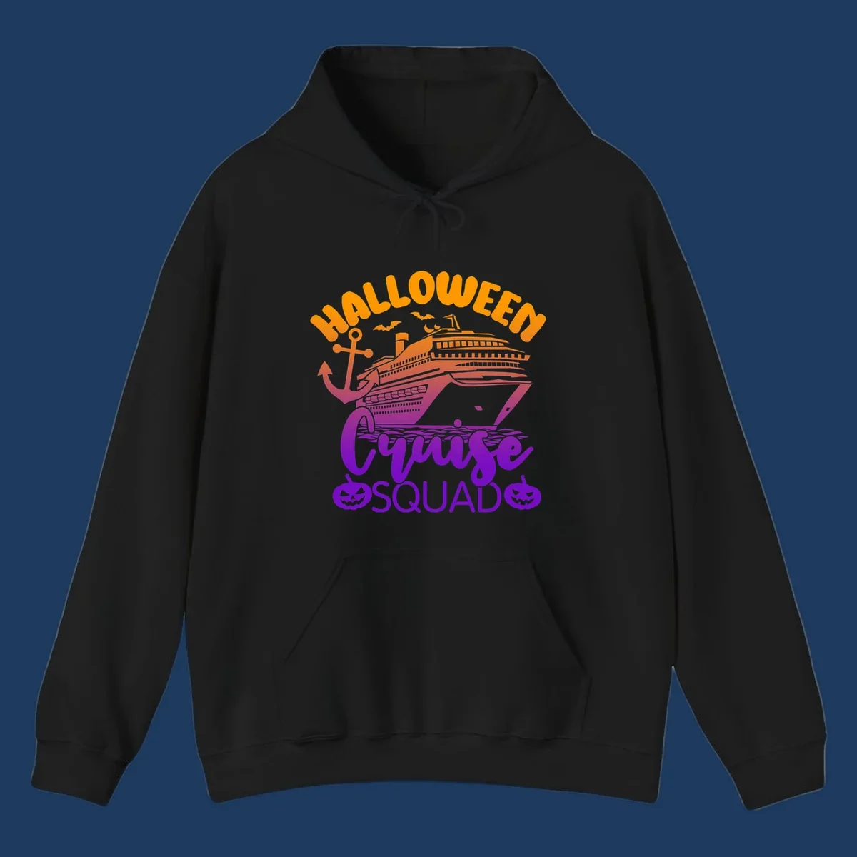 Halloween Cruise Squad design with orange text, cruise ship illustration, anchor, bats, and jack-o-lanterns in gradient purple tones