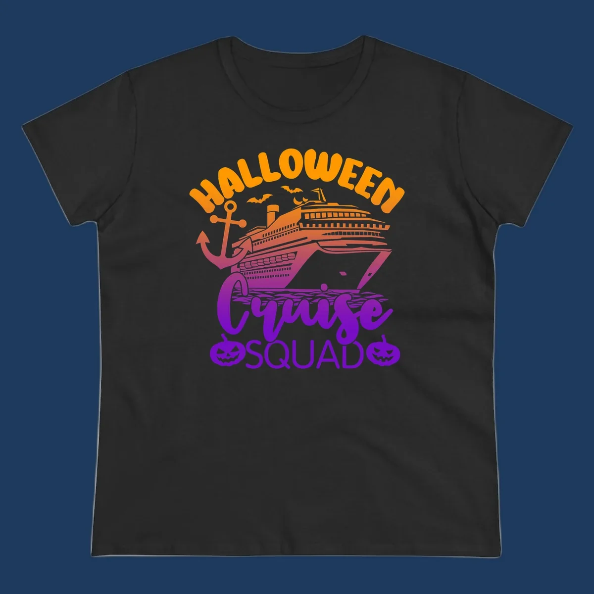 Halloween Cruise Squad design with orange text, cruise ship illustration, anchor, bats, and jack-o-lanterns in gradient purple tones