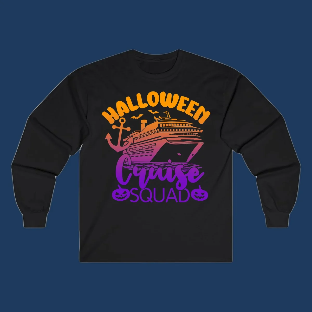 Halloween Cruise Squad design with orange text, cruise ship illustration, anchor, bats, and jack-o-lanterns in gradient purple tones