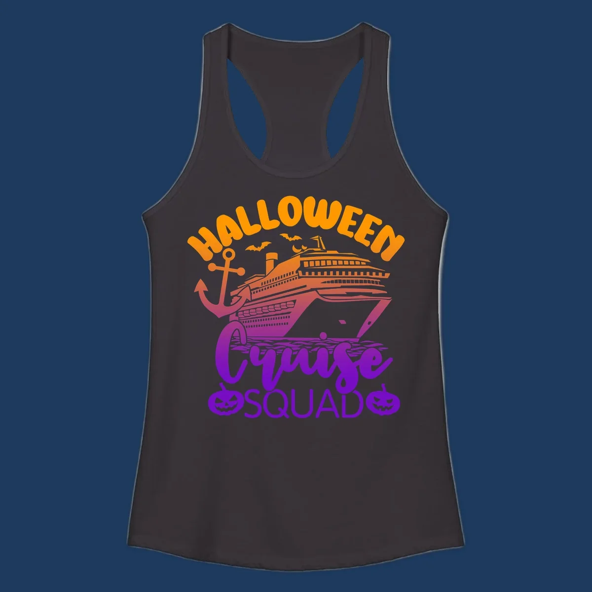 Halloween Cruise Squad design with orange text, cruise ship illustration, anchor, bats, and jack-o-lanterns in gradient purple tones