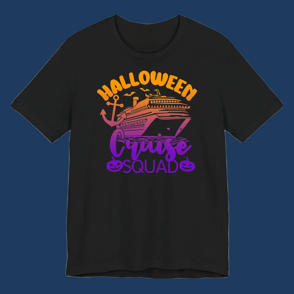 Halloween Cruise Squad design with orange text, cruise ship illustration, anchor, bats, and jack-o-lanterns in gradient purple tones
