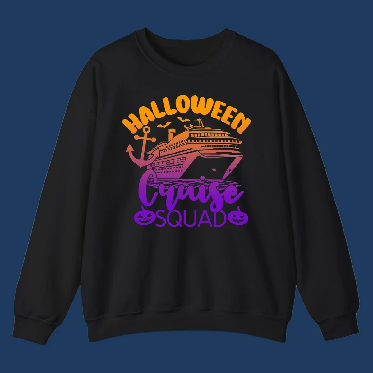 Halloween Cruise Squad design with orange text, cruise ship illustration, anchor, bats, and jack-o-lanterns in gradient purple tones
