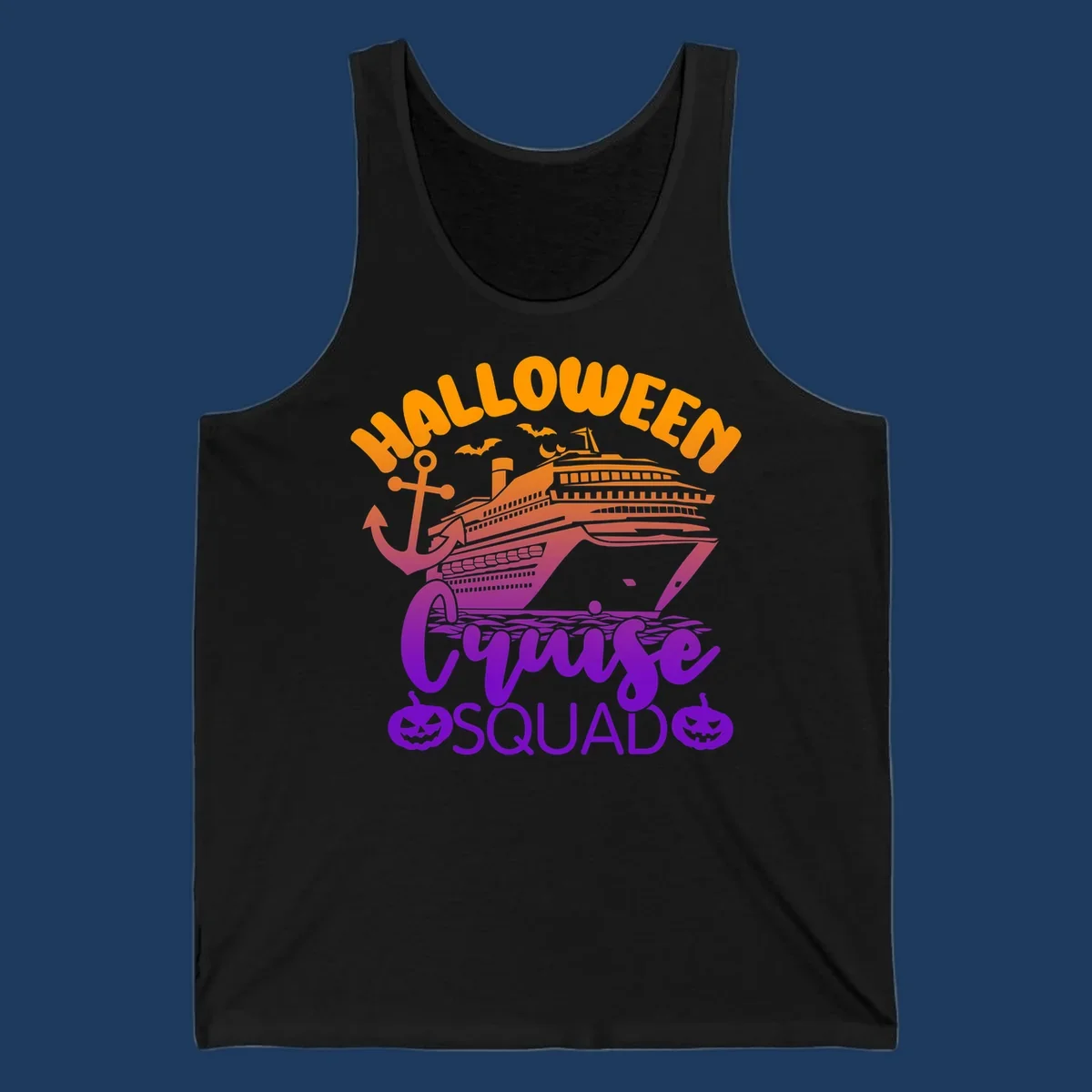 Halloween Cruise Squad design with orange text, cruise ship illustration, anchor, bats, and jack-o-lanterns in gradient purple tones