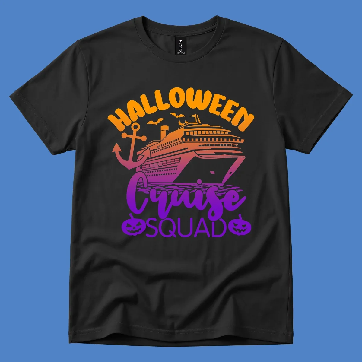 Halloween Cruise Squad design with orange text, cruise ship illustration, anchor, bats, and jack-o-lanterns in gradient purple tones