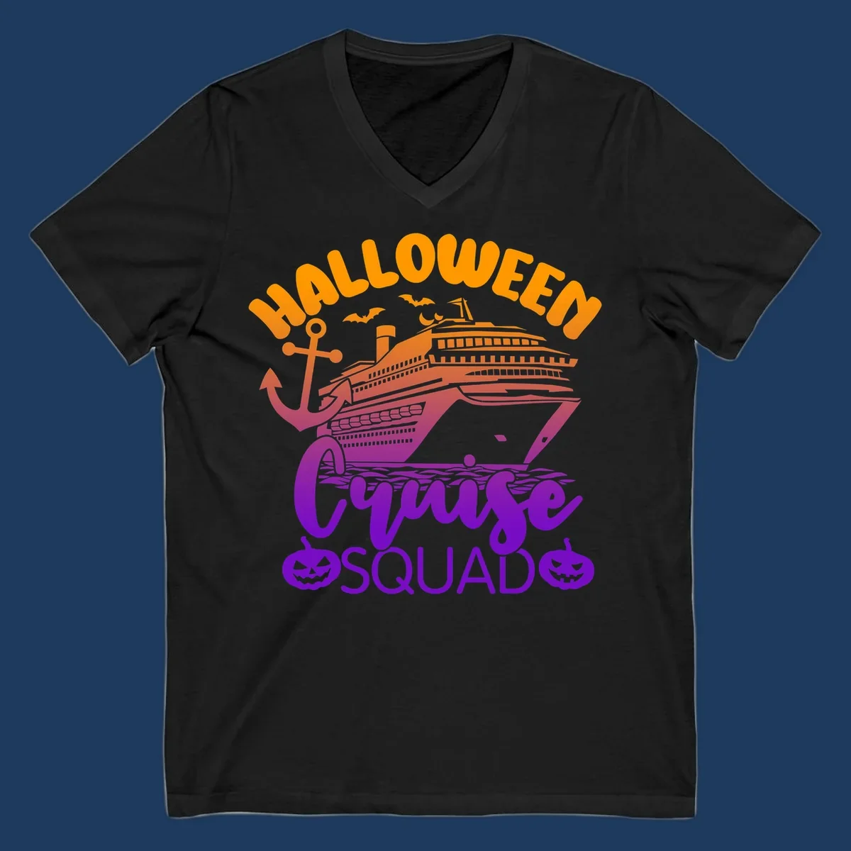 Halloween Cruise Squad design with orange text, cruise ship illustration, anchor, bats, and jack-o-lanterns in gradient purple tones