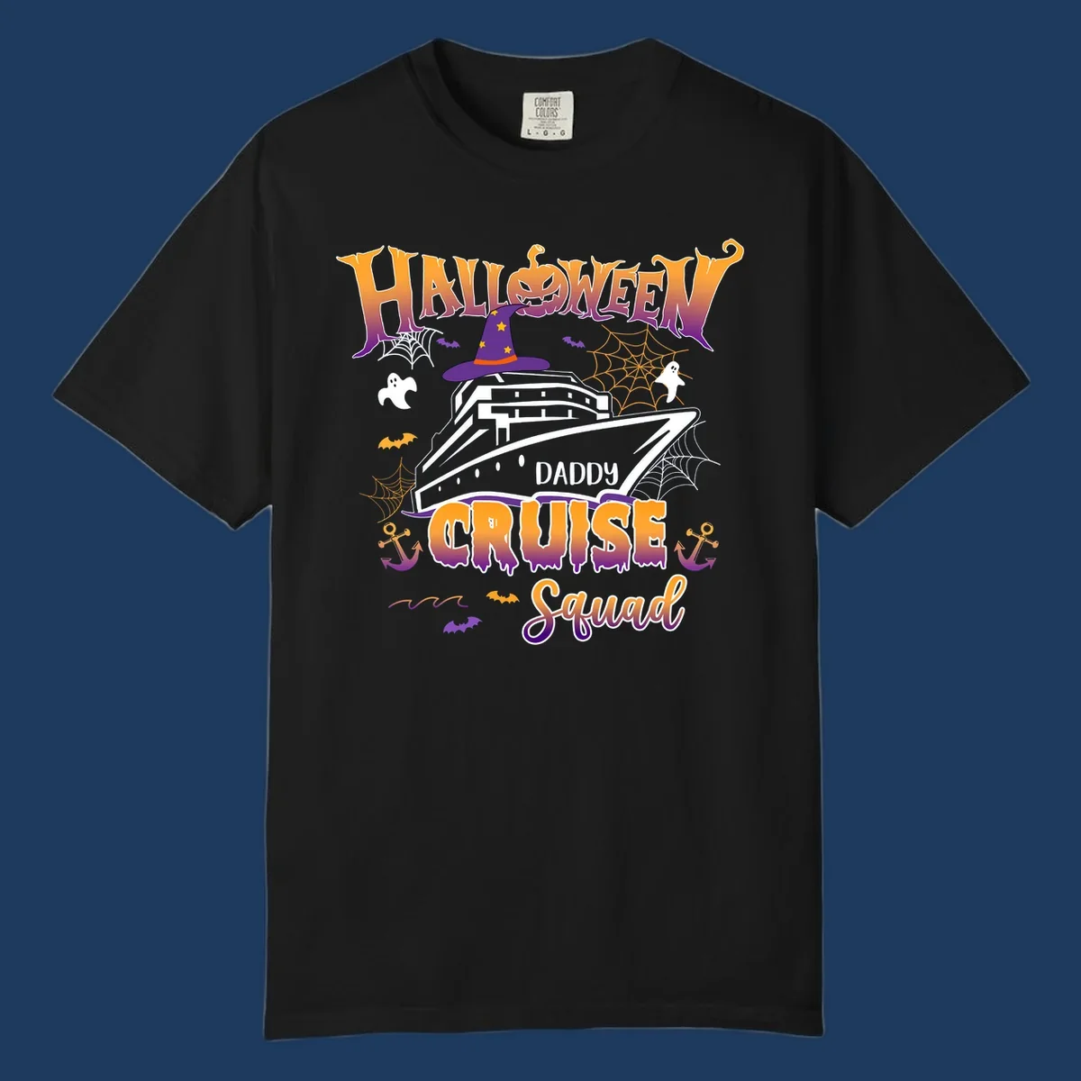 Halloween daddy cruise squad design with cruise ship wearing witch hat, ghosts, bats, pumpkins, and spider webs in orange and purple