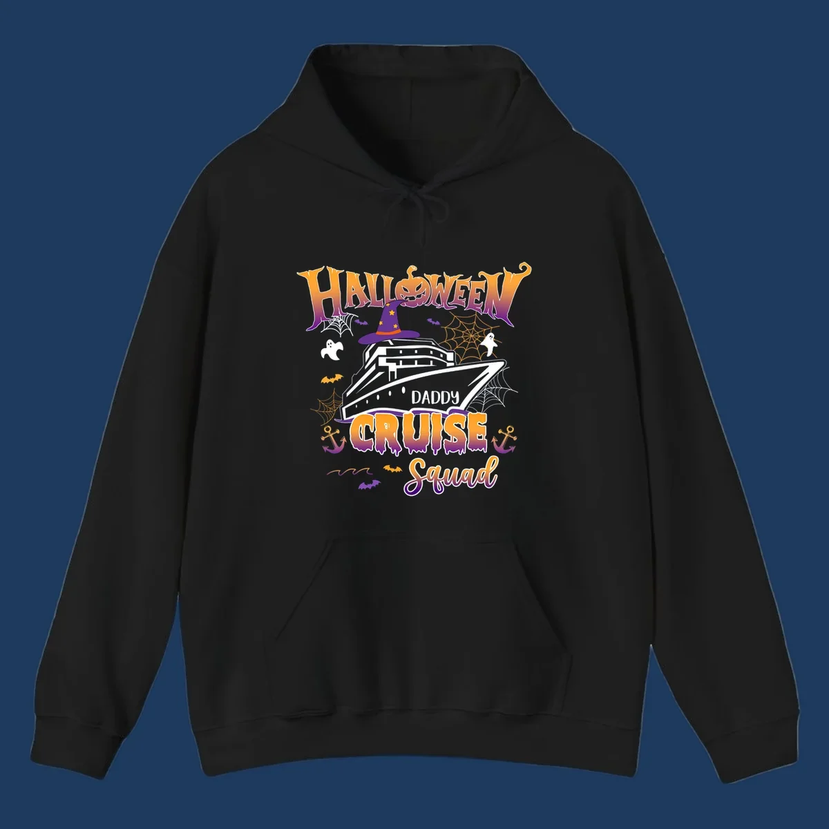 Halloween daddy cruise squad design with cruise ship wearing witch hat, ghosts, bats, pumpkins, and spider webs in orange and purple