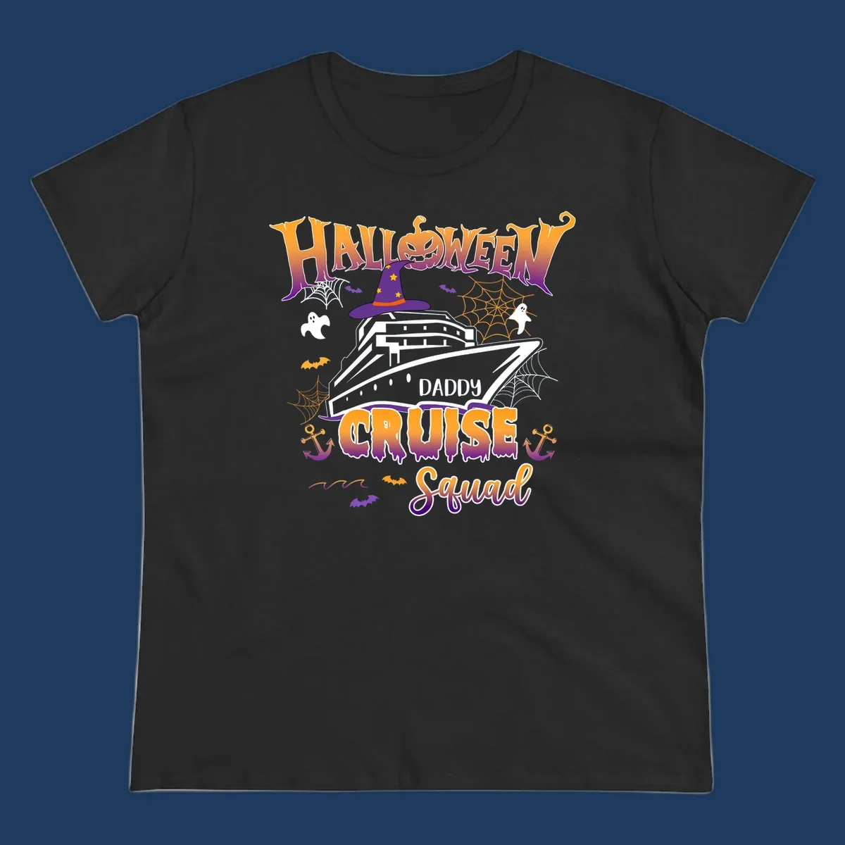 Halloween daddy cruise squad design with cruise ship wearing witch hat, ghosts, bats, pumpkins, and spider webs in orange and purple