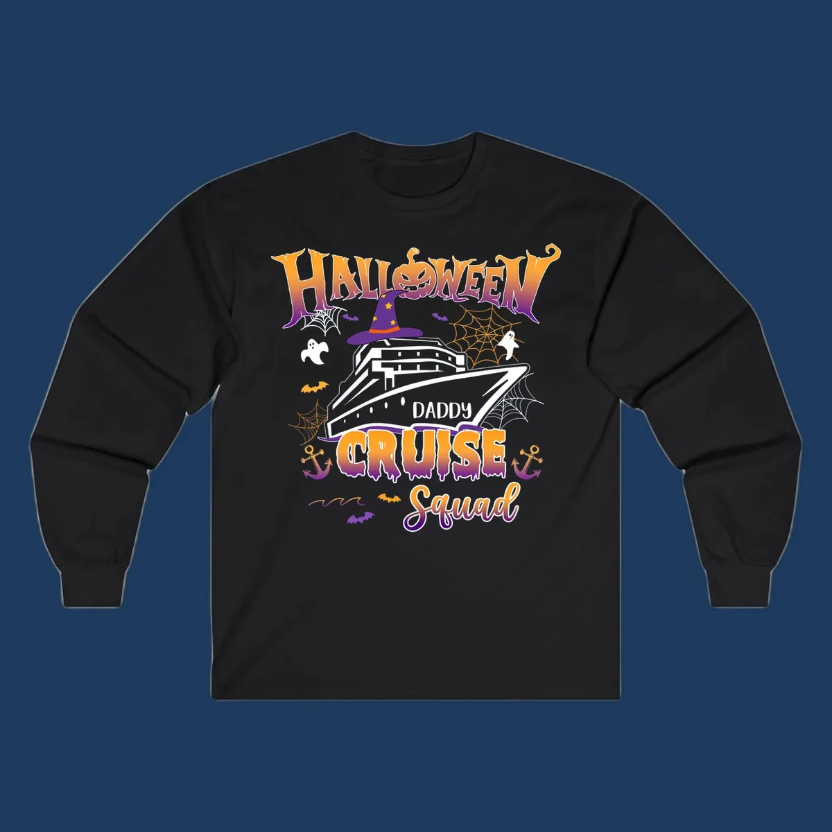 Halloween daddy cruise squad design with cruise ship wearing witch hat, ghosts, bats, pumpkins, and spider webs in orange and purple