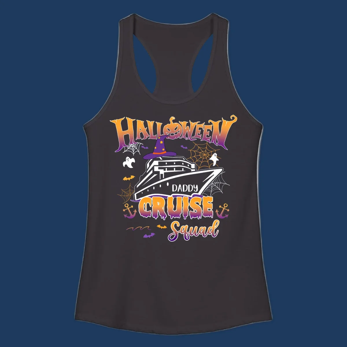 Halloween daddy cruise squad design with cruise ship wearing witch hat, ghosts, bats, pumpkins, and spider webs in orange and purple