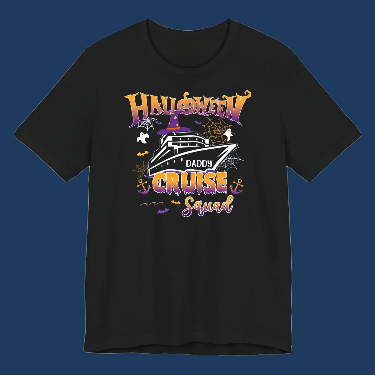 Halloween daddy cruise squad design with cruise ship wearing witch hat, ghosts, bats, pumpkins, and spider webs in orange and purple