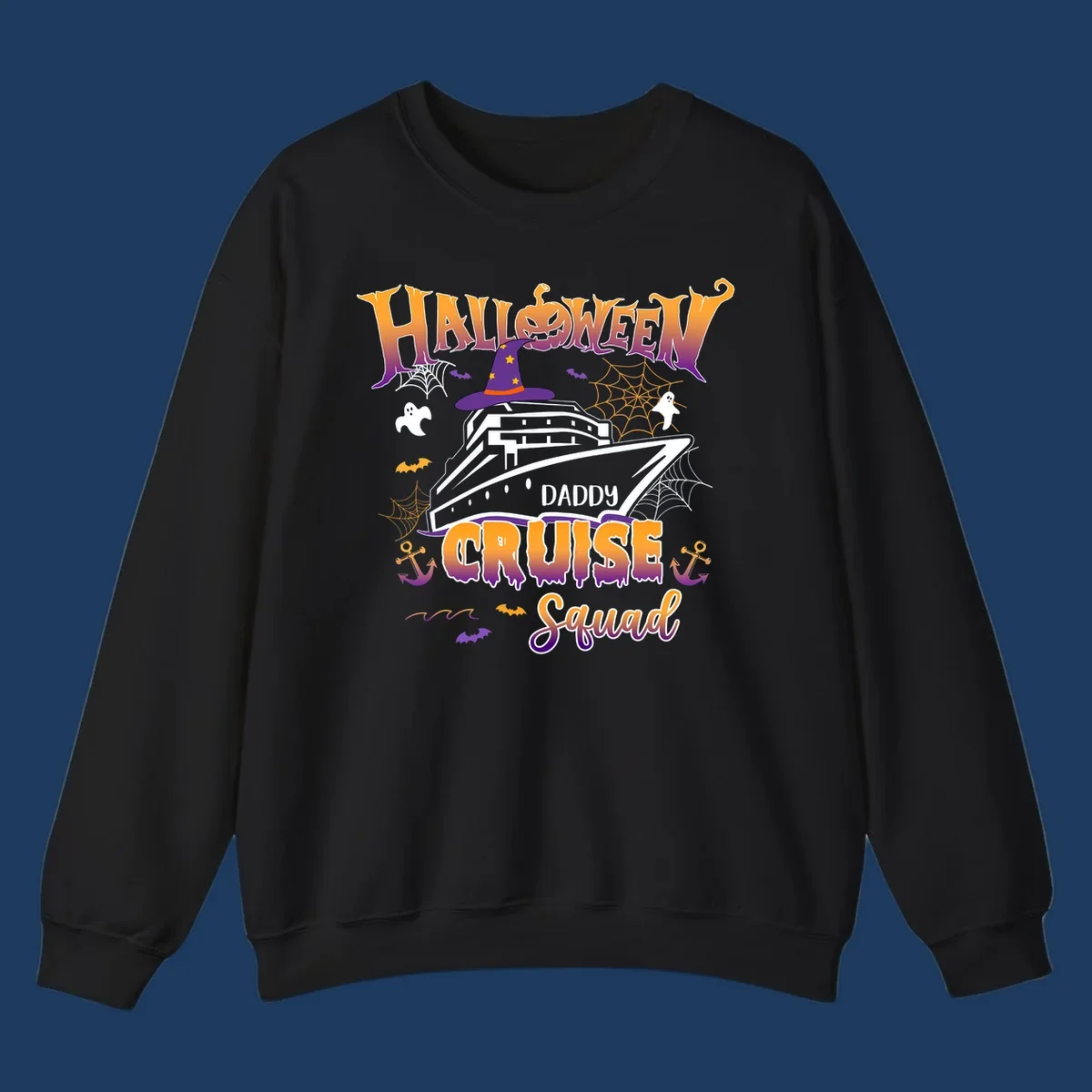 Halloween daddy cruise squad design with cruise ship wearing witch hat, ghosts, bats, pumpkins, and spider webs in orange and purple