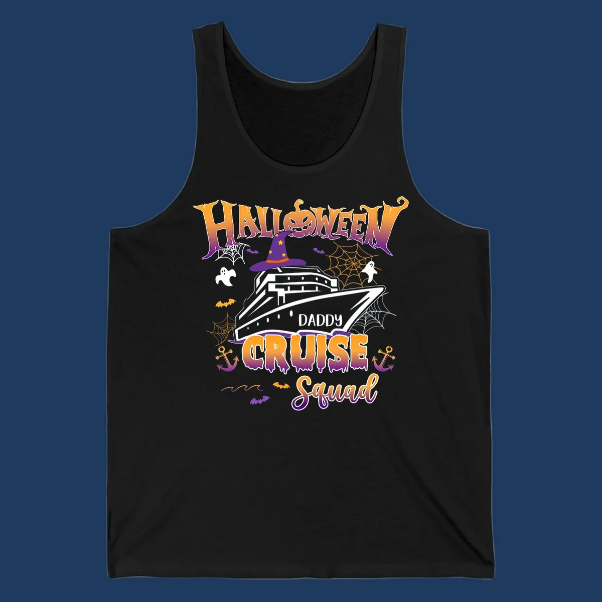 Halloween daddy cruise squad design with cruise ship wearing witch hat, ghosts, bats, pumpkins, and spider webs in orange and purple