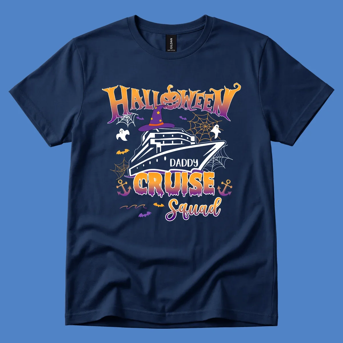 Halloween daddy cruise squad design with cruise ship wearing witch hat, ghosts, bats, pumpkins, and spider webs in orange and purple