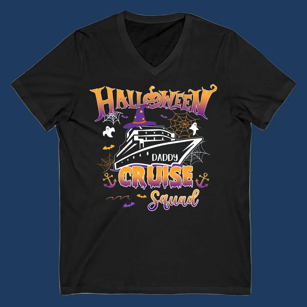 Halloween daddy cruise squad design with cruise ship wearing witch hat, ghosts, bats, pumpkins, and spider webs in orange and purple